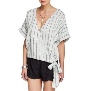 FREE PEOPLE White & Black Window Pane Short Sleeve Linen Blend Side-Tie Top S